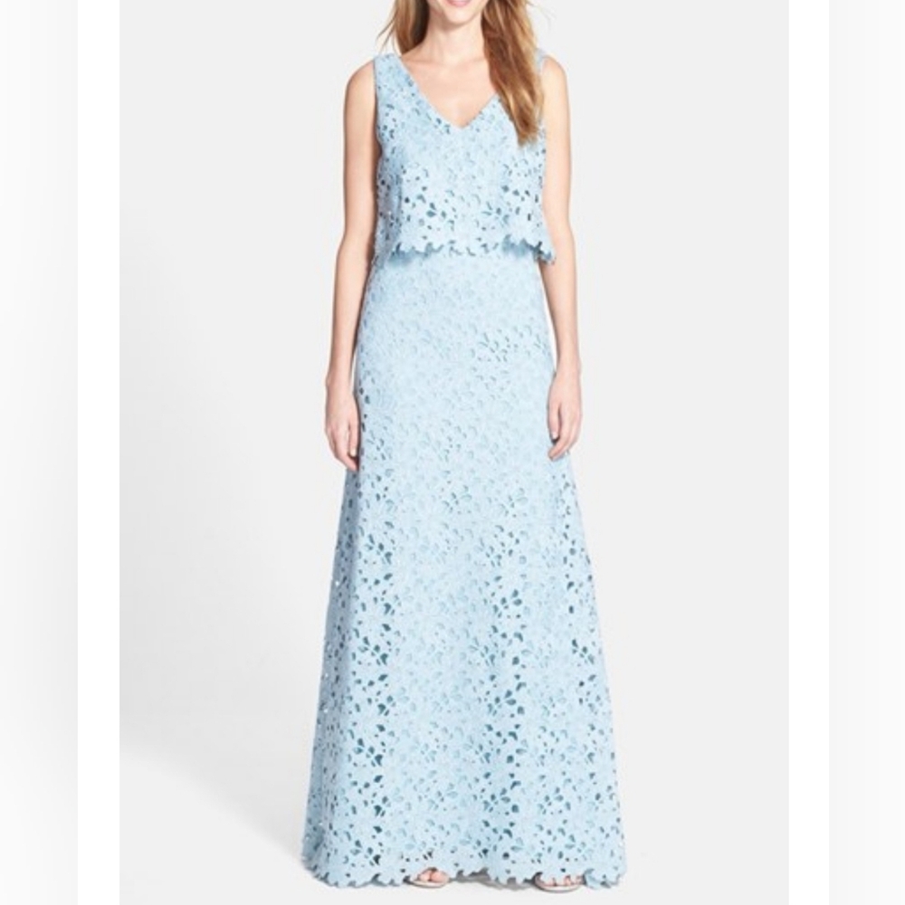New Vera Wang Blue Floral Applique Sleeveless V Neck Long Pop Over Dress Size: 6